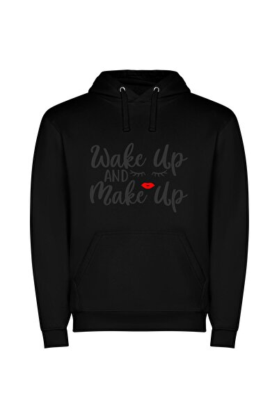 iLovePrints Beauty Unmasked: Wake-Up & Make-Up Φούτερ με κουκούλα σε χρώμα Μαύρο