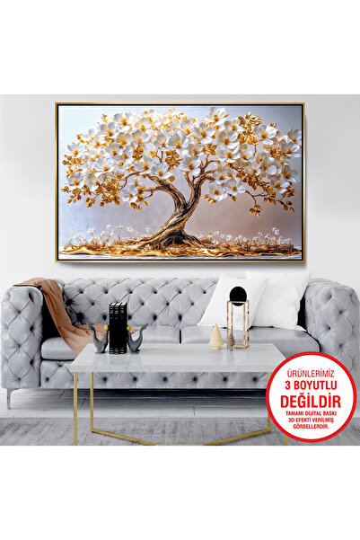 EMYA HOME Gold Metal Çerçeveli Kabartma Görünümlü Ağaç Kanvas Tablo