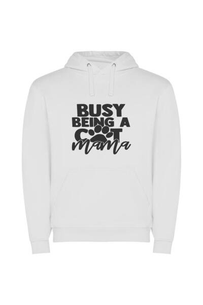 iLovePrints Busy Cat Mama: Flufftastic! Φούτερ με κουκούλα σε χρώμα Λευκό