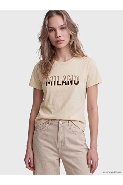 LC Waikiki Beige Milano Printed 100% Cotton Women's T-Shirt