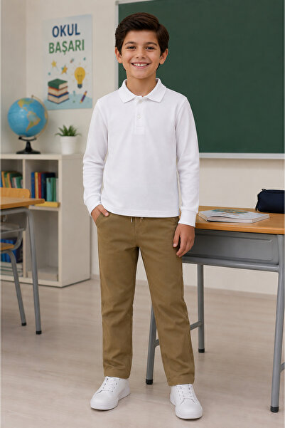 tinytrends Boys' School Outfit: White Long-Sleeve Polo Collar T-Shirt & Elast...