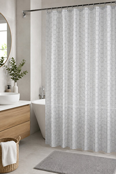 Binbirreyon Patterned Shower Curtain 12 Piece Ring Set White 180X180Cm Lc059