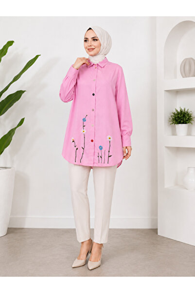 expino 🌸 Papatya Nakış Detaylı Gömlek Yaka Viskon Kadın Tunik – Pudra Pembe