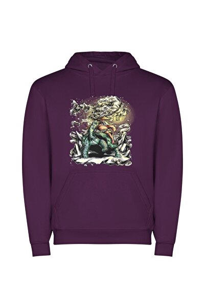 iLovePrints Dinosaur Dreaming: Vibrant Tattoo Φούτερ με κουκούλα σε χρώμα Μωβ