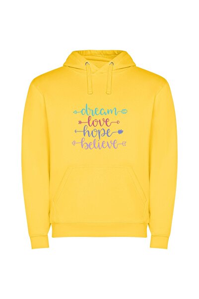 iLovePrints Dream Love Hope Believe Φούτερ με κουκούλα σε χρώμα Κίτρινο