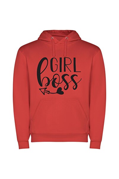 iLovePrints Hand-drawn Girl Boss Sign Φούτερ με κουκούλα σε χρώμα Κόκκινο