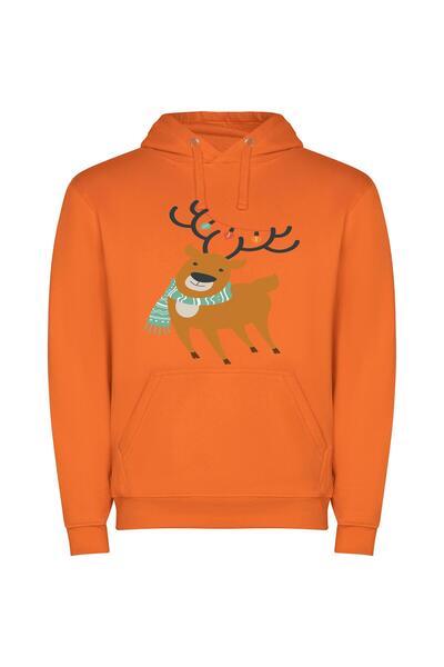 iLovePrints Fashionable Festive Deer Φούτερ με κουκούλα σε χρώμα Πορτοκαλί