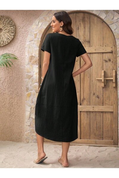 oniks store Women's Short Sleeve Crew Neck Button Detail Muslim Dress