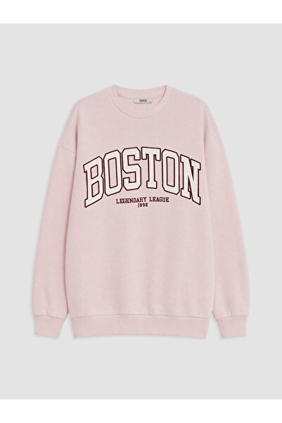 LC Waikiki Pink Boston Printed Oversize Women's Sweatshirt