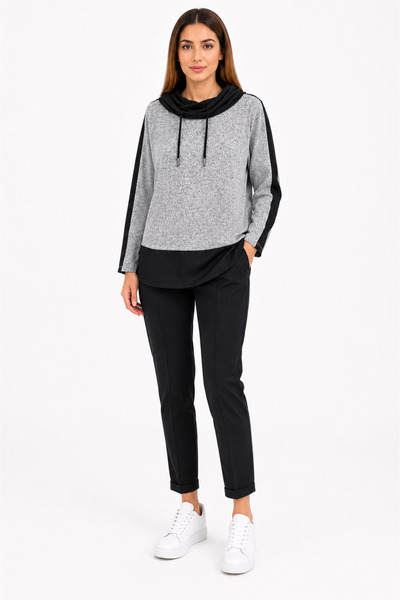 Neden Tekstil Women's Black Gray Shawl Collar Ribbed Blouse