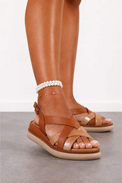 UYEGE Bükreş Seri Genuine Leather Women's Sandals Silvery - Tan Orthopedic So...