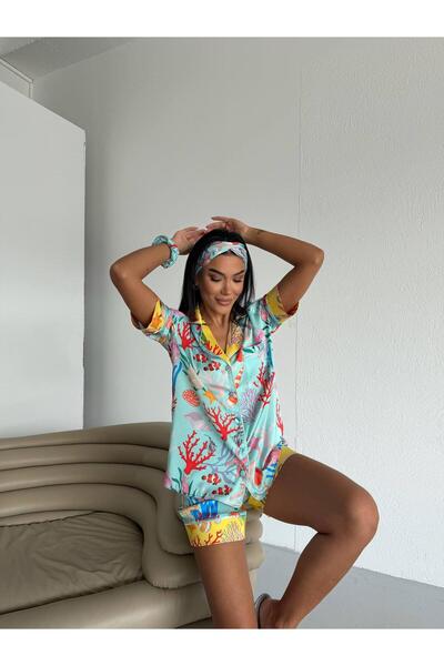 Loraofsilk بيجامة مزينة بنقوش المأكولات البحرية مع شورت TK
