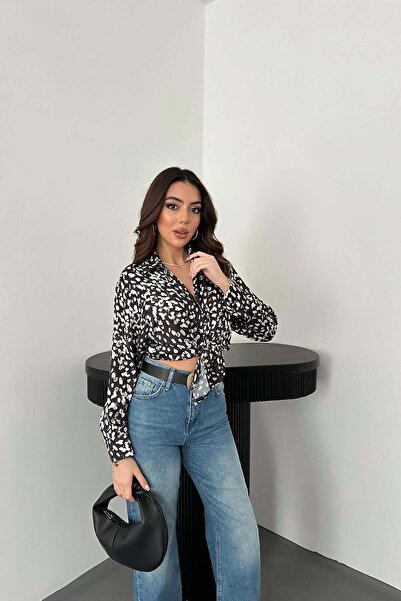 Moda Days قميص نسائي من الساتان بنقشة الفهد باللون الأسود مع ياقة وأكمام طويل...