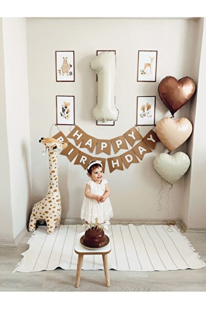 GÜLFAMİX 1 Yaş Kraft Doğum Günü Seti | 1 Rakam Krem Renk Folyo Balon + 3 Adet...