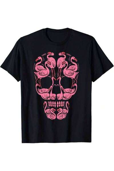 LİNA06 قميص رجالي ذو رقبة دائرية من Pink Flamingo Skull Awareness Halloween، ...