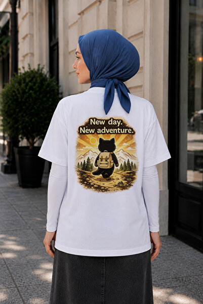 BAGAND تي شيرت New Day New Adventure مطبوع على الظهر للجنسين مقاس كبير 100% ق...