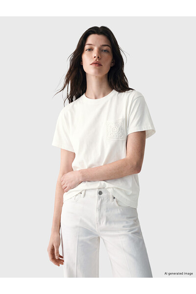 LC Waikiki White Embroidered Cotton Women's T-Shirt