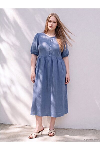 LC Waikiki Indigo Plus Size Crew Neck Pleated Dress