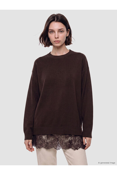 LC Waikiki Lcw Modest Brown Crew Neck Lace Detailed Women's Knitwear Tunic