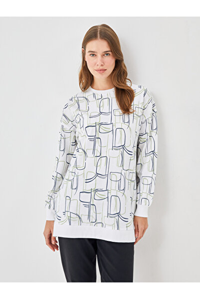 LC Waikiki White Crew Neck Patterned Women's Sweatshirt Tunic