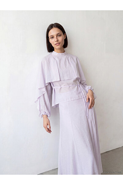 LC Waikiki Lcw Modest Purple High Collar Belted Cape Blouse