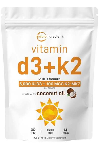 Micro ingredients Vitamin D3 5000 IU Plus K2 (MK-7) 100 mcg, 300 Virgin Cocon...