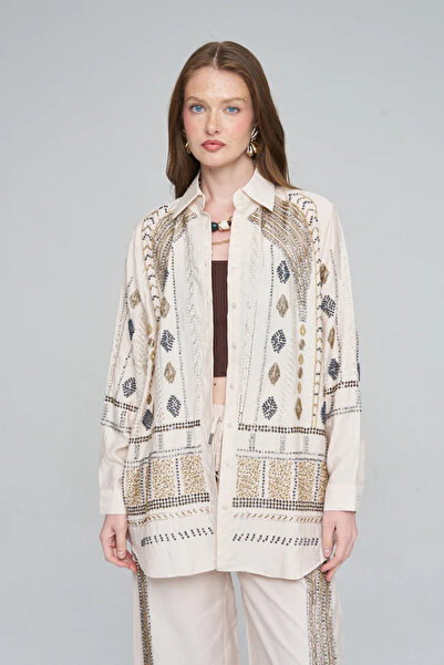 Orfeo Negro Stone Embroidered Tencel Shirt |   Oversize Beige Shirt