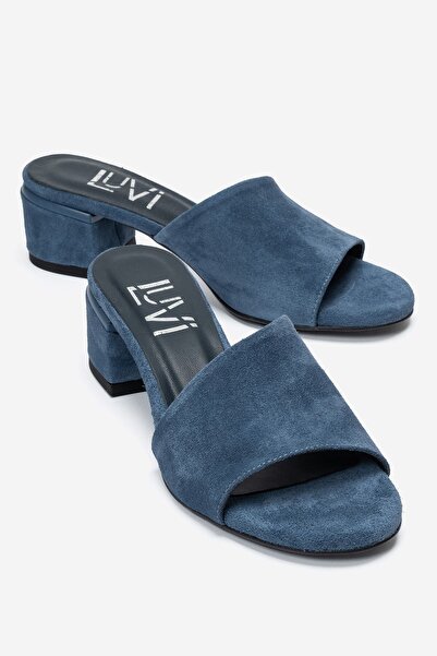 LuviShoes DELAVIE نعال نسائية بكعب سميك من الجلد الطبيعي باللون الأزرق من جلد...