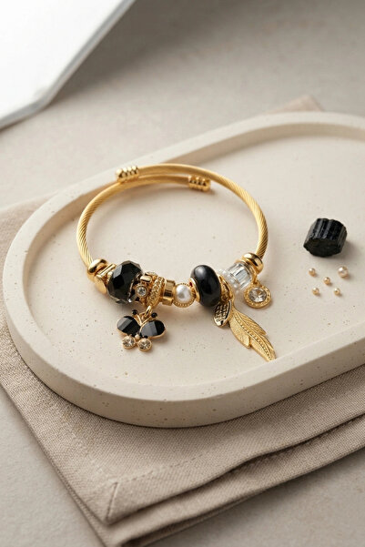 ARMÜZ Butterfly Model Gold Color Black Charm Bracelet