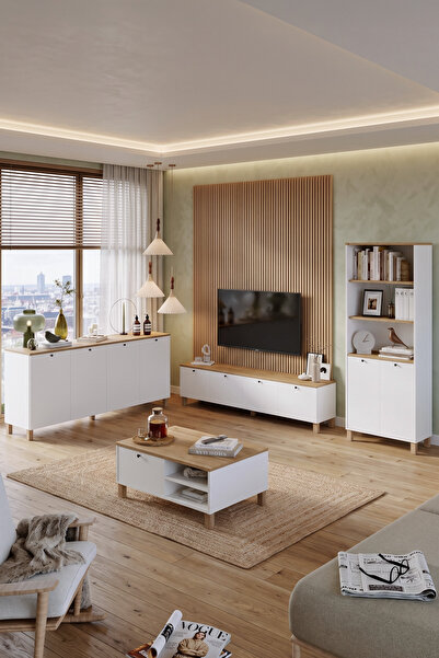 Yurudesign Nord Tv Ünitesi Orta Sehpa Konsol Kitaplık 4'Lü Set Ahşap Ayaklı S...