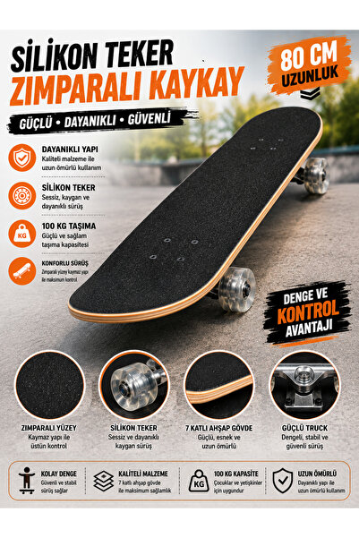 Erzi 80 cm Silikon Teker Zımparalı Kaykay – 100 Kg Taşıma Kapasiteli