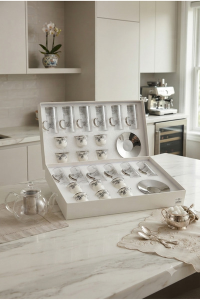 Generic Glass Tea Cups and Coffee Cups Set with Stainless Steel Serving Trays...