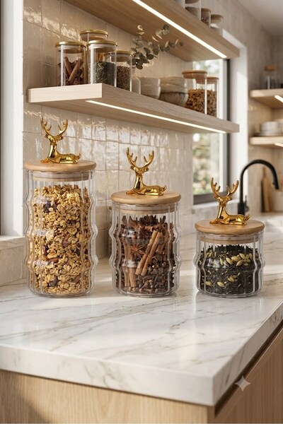 Reoona 3-Piece Borosilicate Glass Deer Figured Striped Glass Jar Kitchen Set ...