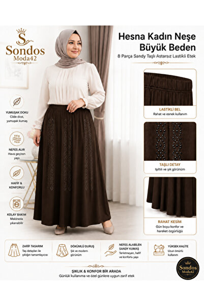 Sondos Moda42 Hesna Women's Neşe Large Size 8-Piece Sandy Skirt, Stone Detail...