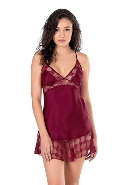 SS HOME CONCEPT Lace Embroidered Thin Strap Burgundy Short Satin Nightgown