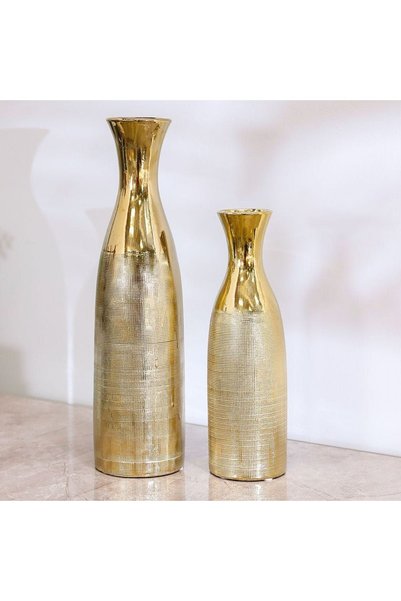 Danube Home Liana Set Of 2 Vase Gold 9X9X30, 10.3X10.3X40.3Cm, Stoneware, L 10.3 x W 10.3 x H 40.3 cm, Vases