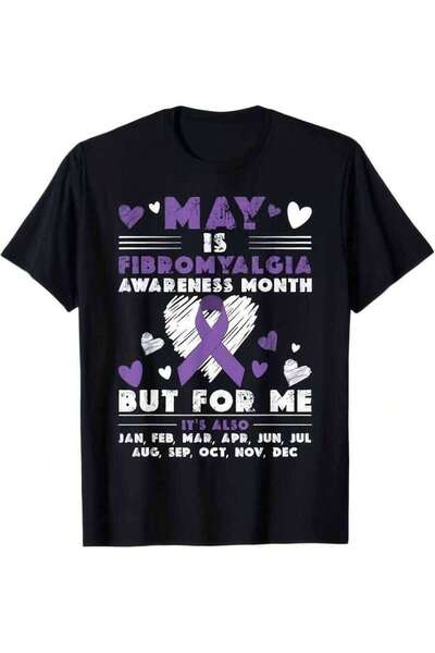 9JY Purple Heart Design With Fibro Fog Pattern Unisex Black T-Shirt Men Women...