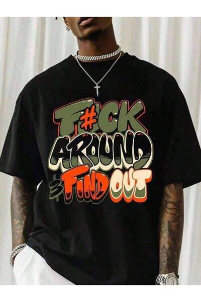 799 "F@K AROUND & FIND OUT" Graphic -Crew Neck T-Shirt With Bold Orange And G...