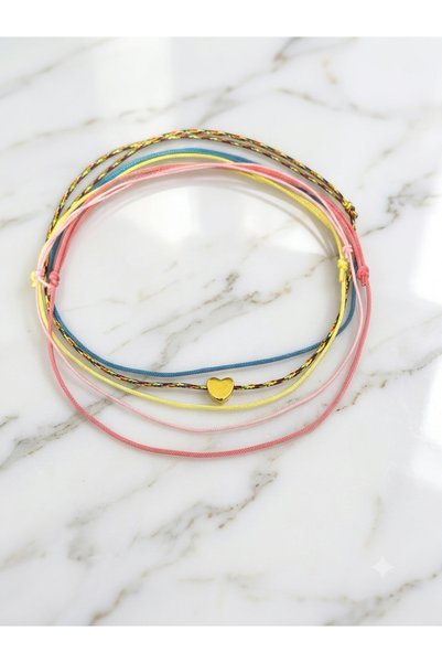 Femenino Set of 5 Colorful Rope Heart Figured Bracelets in Pastel Colors with...