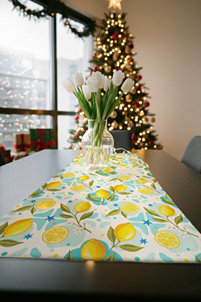 Artvibe Lemon Patterned Decorative Runner, Summer Mediterranean Themed Tablecloth, Turquoise Detailed Digital Printed Modern Table Decor