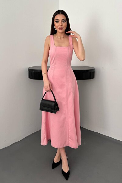 Clothes Fast Γυναικείο ροζ φόρεμα μίντι από γκαμπαρντίνα με τετράγωνο γιακά, ...