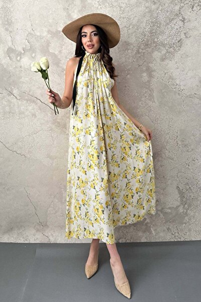 Moda Days فستان ماكسي نسائي بدون أكتاف مزين بالزهور الصفراء وياقة هالتر