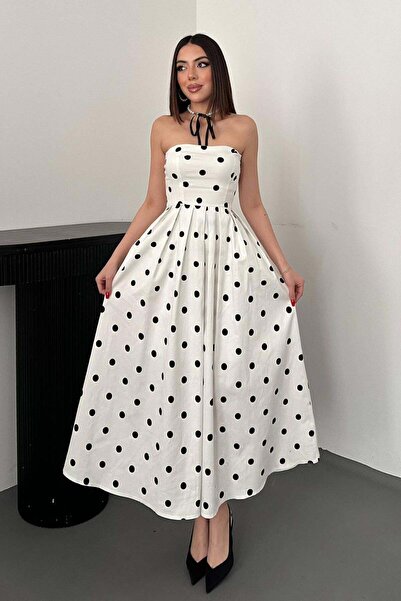 Moda Days Women's White Strapless Polka Dot Midi Dress with Gathered Waist an...