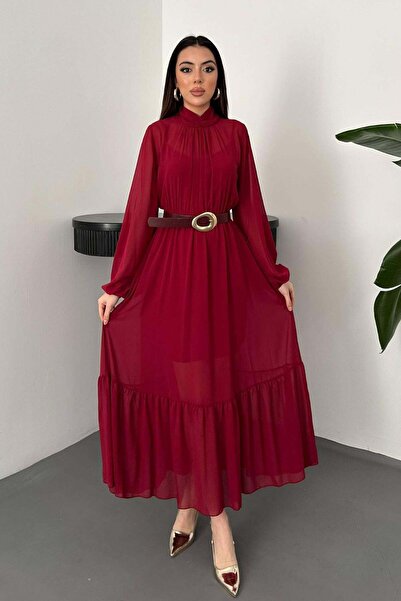 Moda Days فستان ماكسي نسائي من الشيفون باللون العنابي، ياقة عالية، أكمام طويل...
