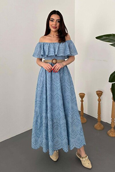 Clothes Fast Γυναικείο μάξι φόρεμα Baby Blue Off-Shoulder με κέντημα, γιακά μ...