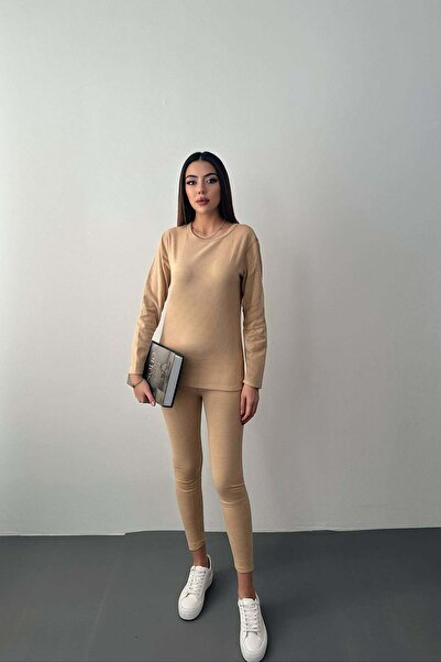 Moda Days طقم نسائي باللون البيج - طقم علوي وسفلي حراري مزدوج الجوانب بأكمام ...
