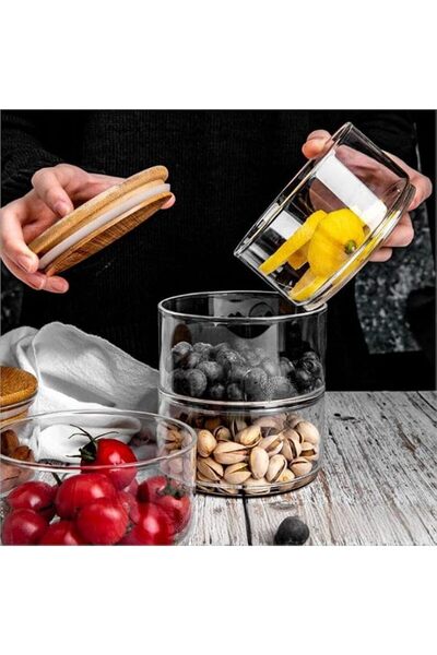 KASTWAVE Airtight 3 Layer Glass Storage Jars with Bamboo Lids, Stackable Sala...