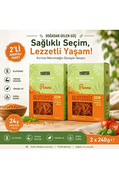 Harras Glutensiz Proteinli Kırmızı Mercimek Makarnası Penne 2x240g