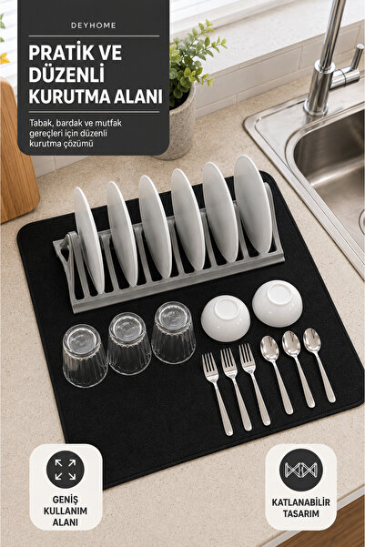 DEYHOME Katlanabilir Bulaşık Kurutma Seti Mikrofiber Kurutma Bezi ve Plastik ...