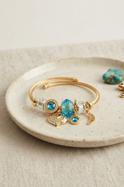 Clariss Heart Model Gold Color Blue Charm Bracelet